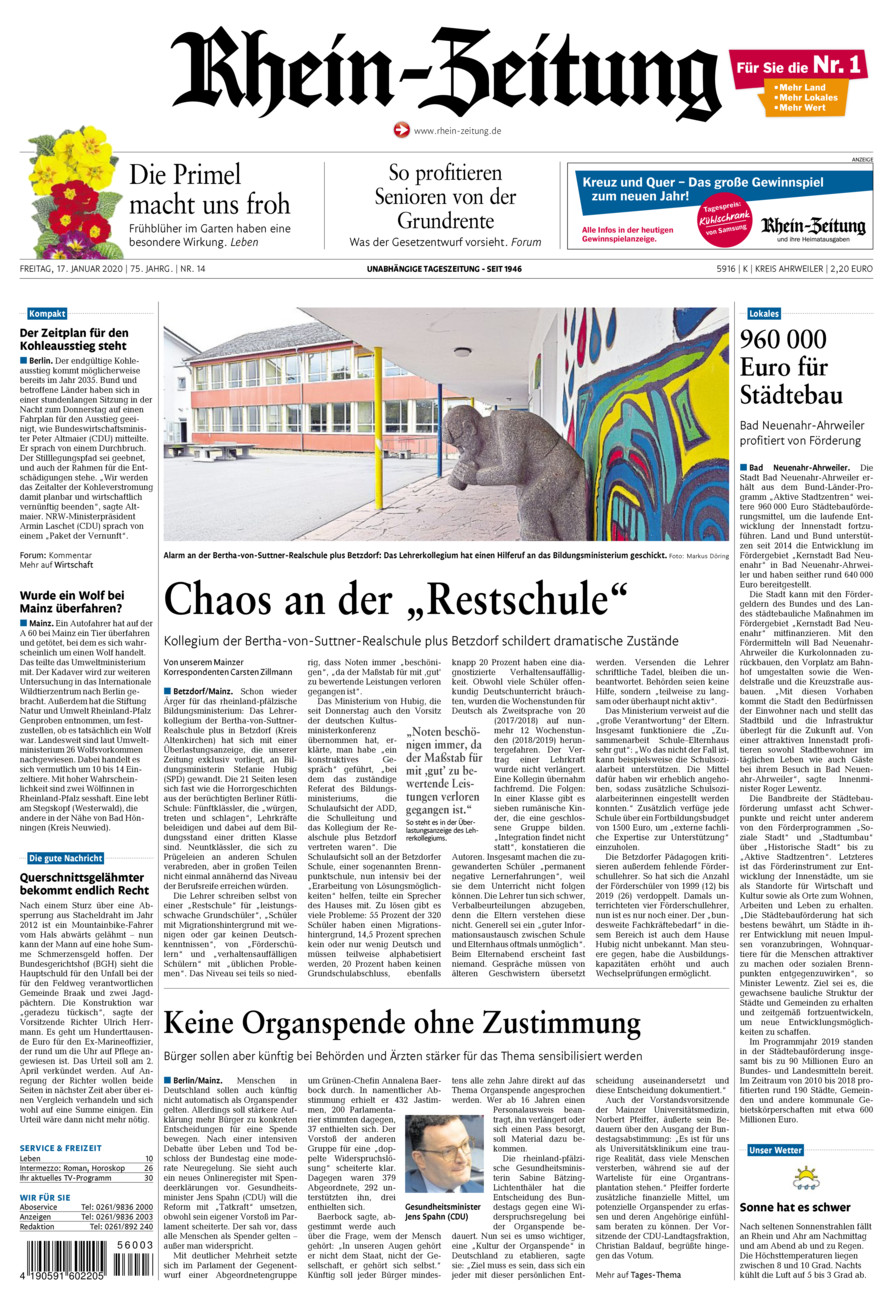 Rhein-Zeitung Kreis Ahrweiler vom Freitag, 17.01.2020
