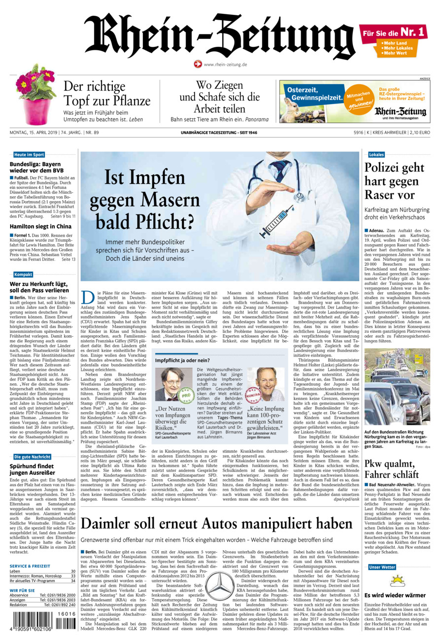 Rhein-Zeitung Kreis Ahrweiler vom Montag, 15.04.2019