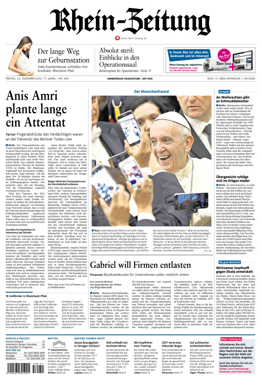 Rhein-Zeitung Kreis Ahrweiler vom Freitag, 23.12.2016