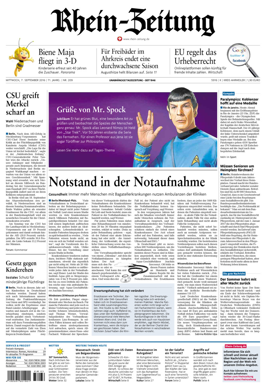Rhein-Zeitung Kreis Ahrweiler vom Mittwoch, 07.09.2016