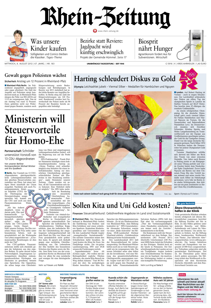 Rhein-Zeitung Kreis Ahrweiler vom Mittwoch, 08.08.2012