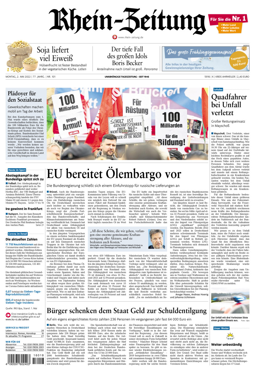 Rhein-Zeitung Kreis Ahrweiler vom Montag, 02.05.2022