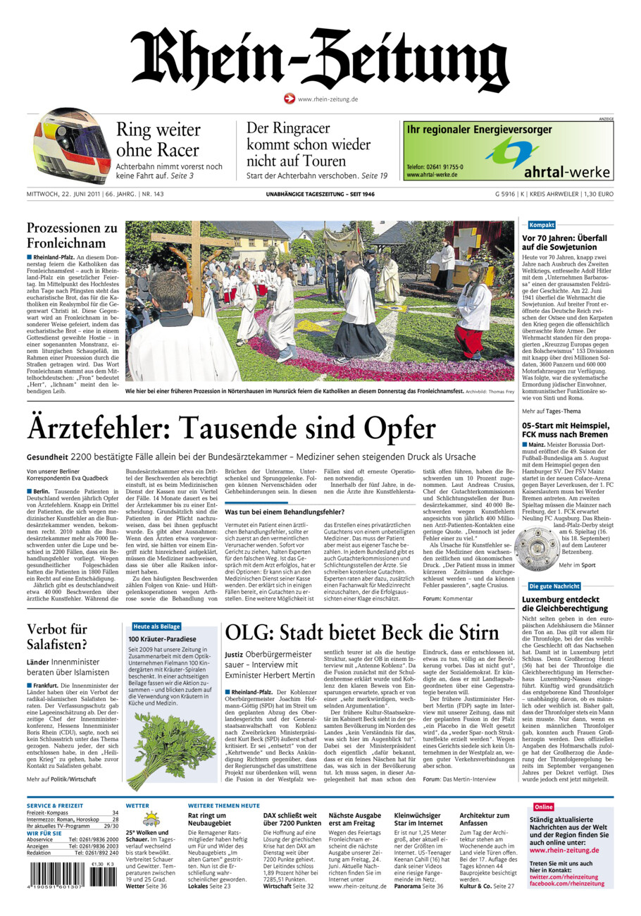 Rhein-Zeitung Kreis Ahrweiler vom Mittwoch, 22.06.2011