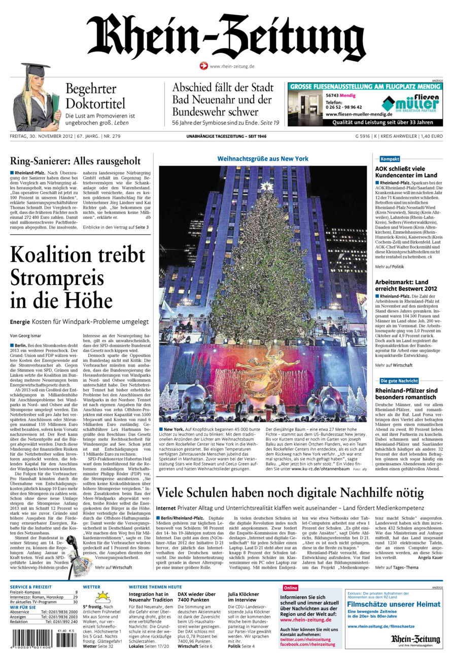Rhein-Zeitung Kreis Ahrweiler vom Freitag, 30.11.2012