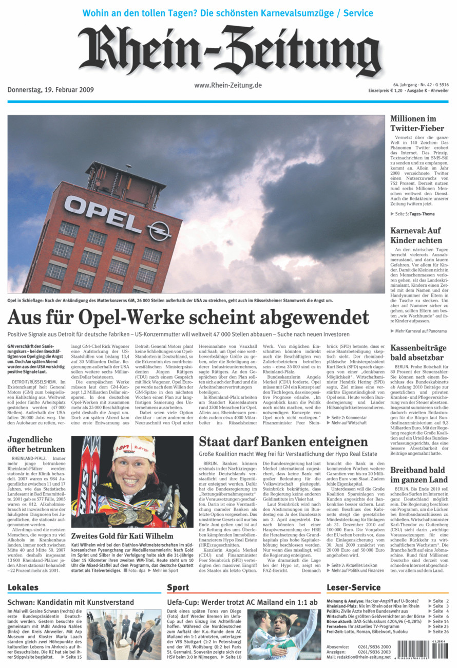 Rhein-Zeitung Kreis Ahrweiler vom Donnerstag, 19.02.2009