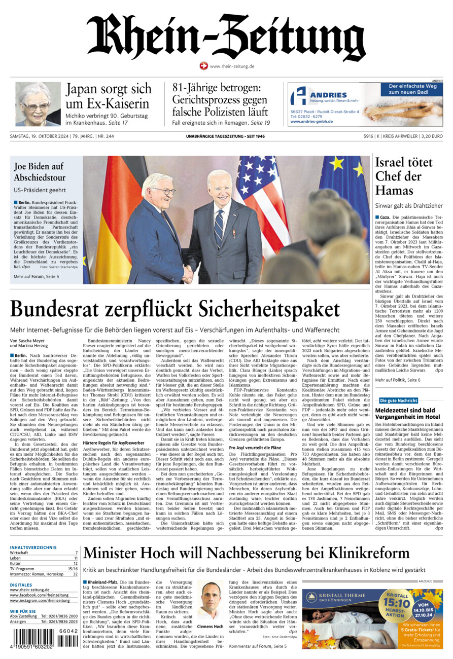 Rhein-Zeitung Kreis Ahrweiler vom Samstag, 19.10.2024