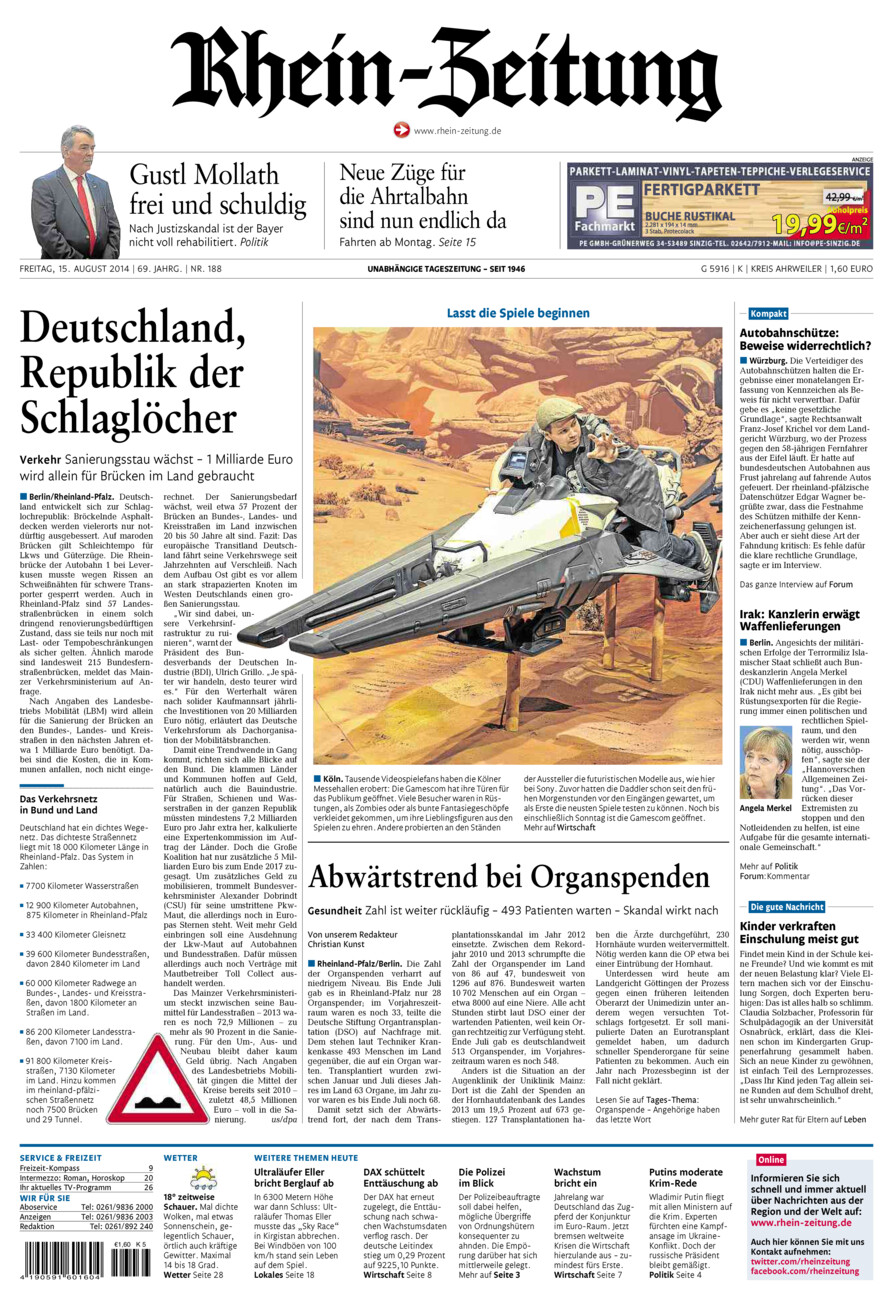 Rhein-Zeitung Kreis Ahrweiler vom Freitag, 15.08.2014