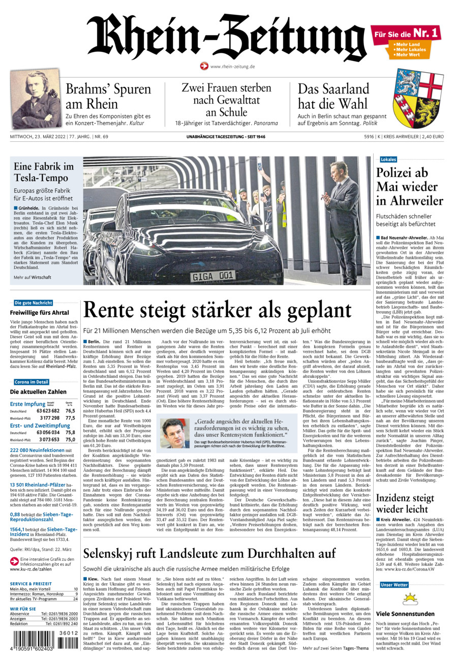 Rhein-Zeitung Kreis Ahrweiler vom Mittwoch, 23.03.2022