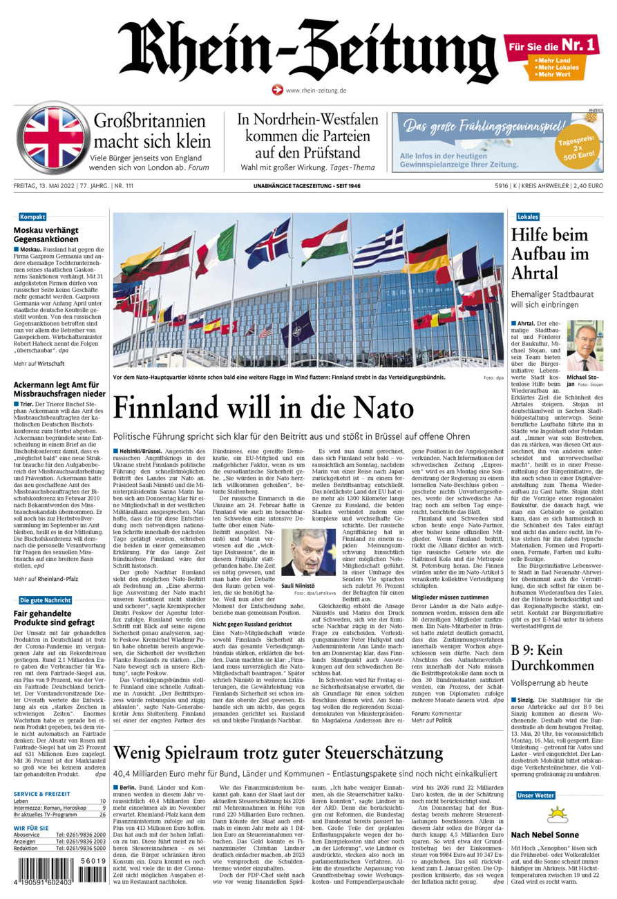 Rhein-Zeitung Kreis Ahrweiler vom Freitag, 13.05.2022