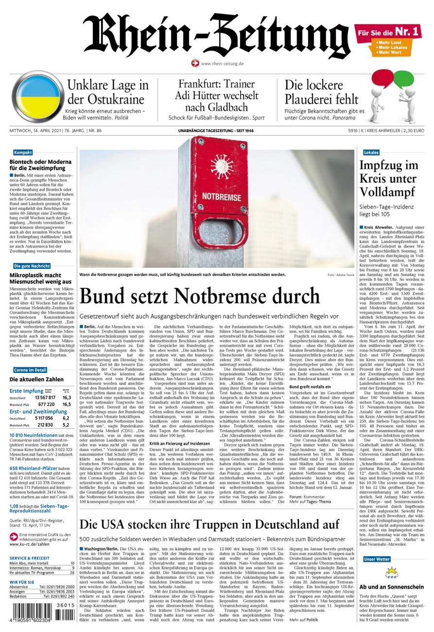 Rhein-Zeitung Kreis Ahrweiler vom Mittwoch, 14.04.2021