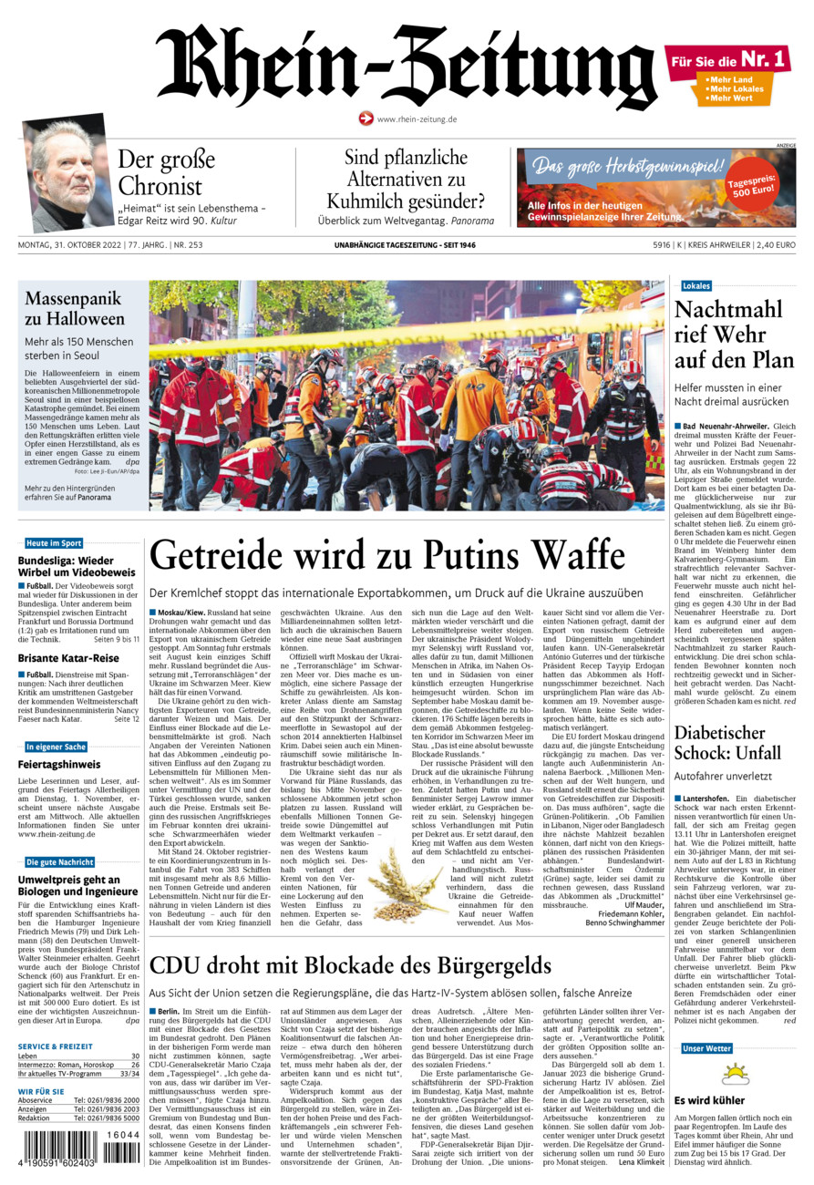 Rhein-Zeitung Kreis Ahrweiler vom Montag, 31.10.2022