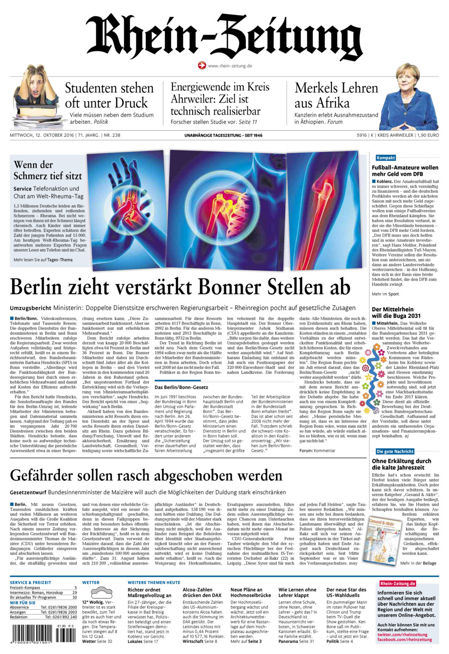 Rhein-Zeitung Kreis Ahrweiler vom Mittwoch, 12.10.2016