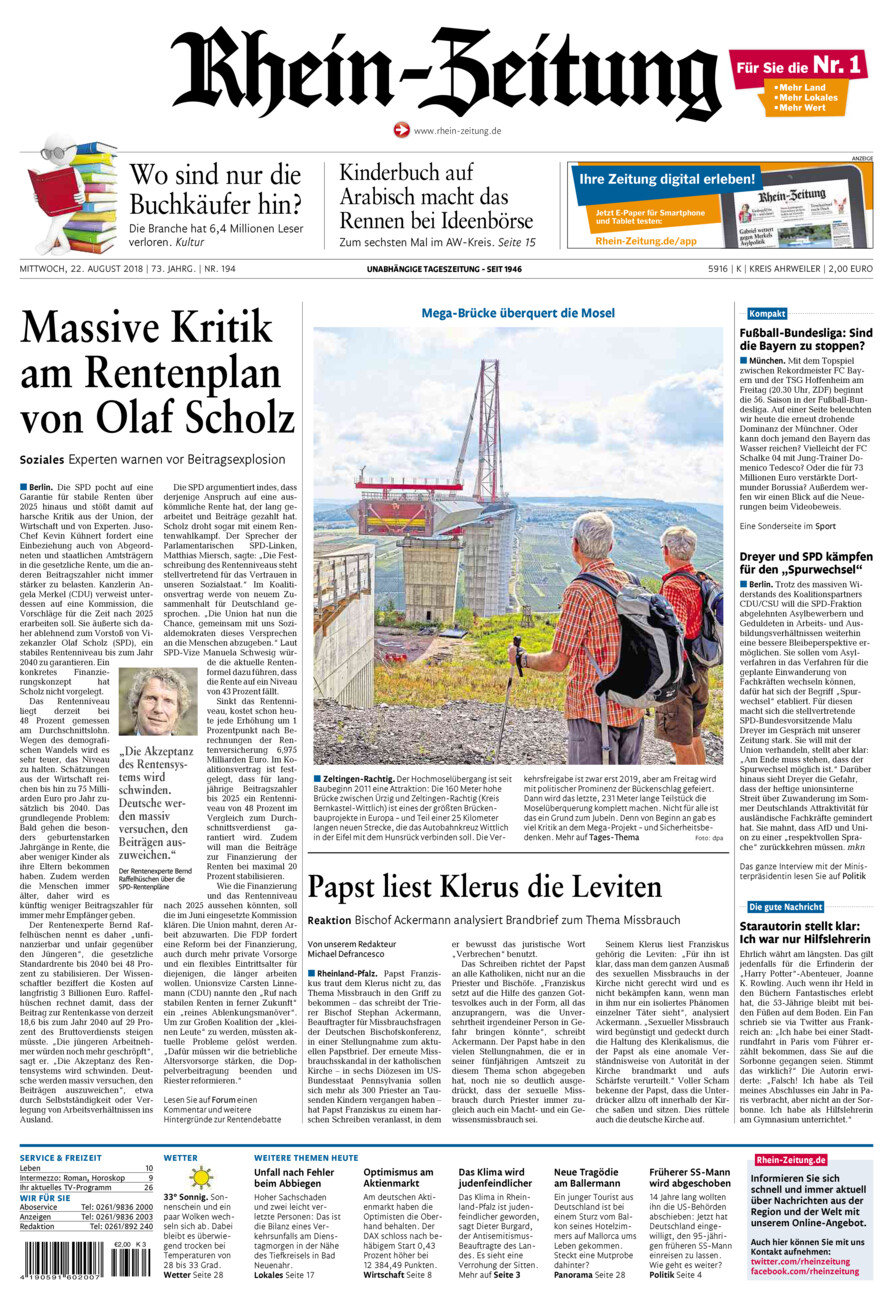 Rhein-Zeitung Kreis Ahrweiler vom Mittwoch, 22.08.2018