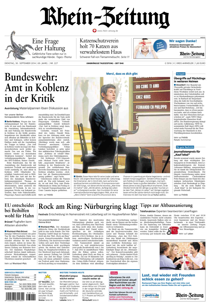 Rhein-Zeitung Kreis Ahrweiler vom Dienstag, 30.09.2014