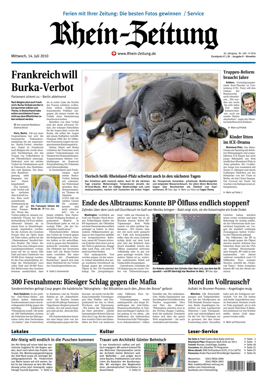 Rhein-Zeitung Kreis Ahrweiler vom Mittwoch, 14.07.2010
