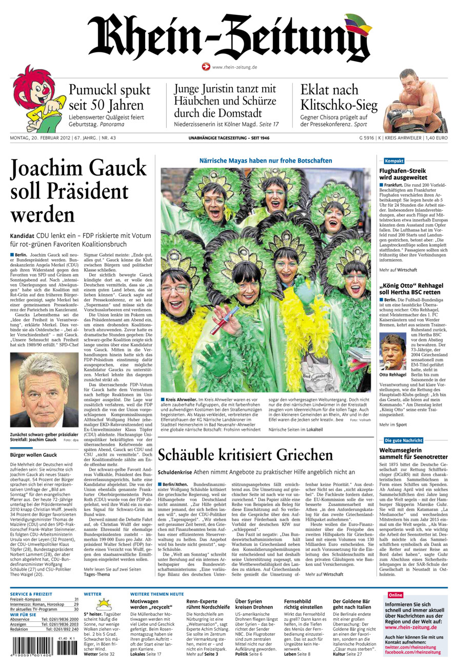 Rhein-Zeitung Kreis Ahrweiler vom Montag, 20.02.2012