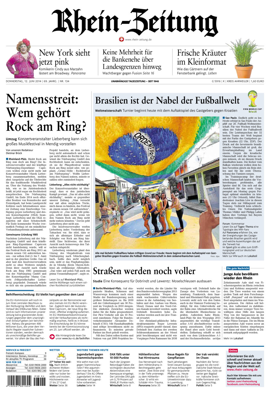 Rhein-Zeitung Kreis Ahrweiler vom Donnerstag, 12.06.2014