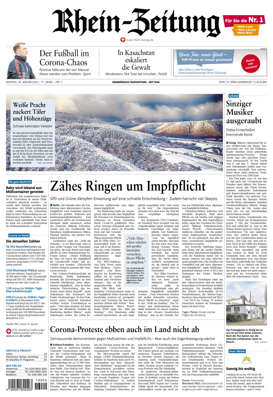 Rhein-Zeitung Kreis Ahrweiler vom Montag, 10.01.2022
