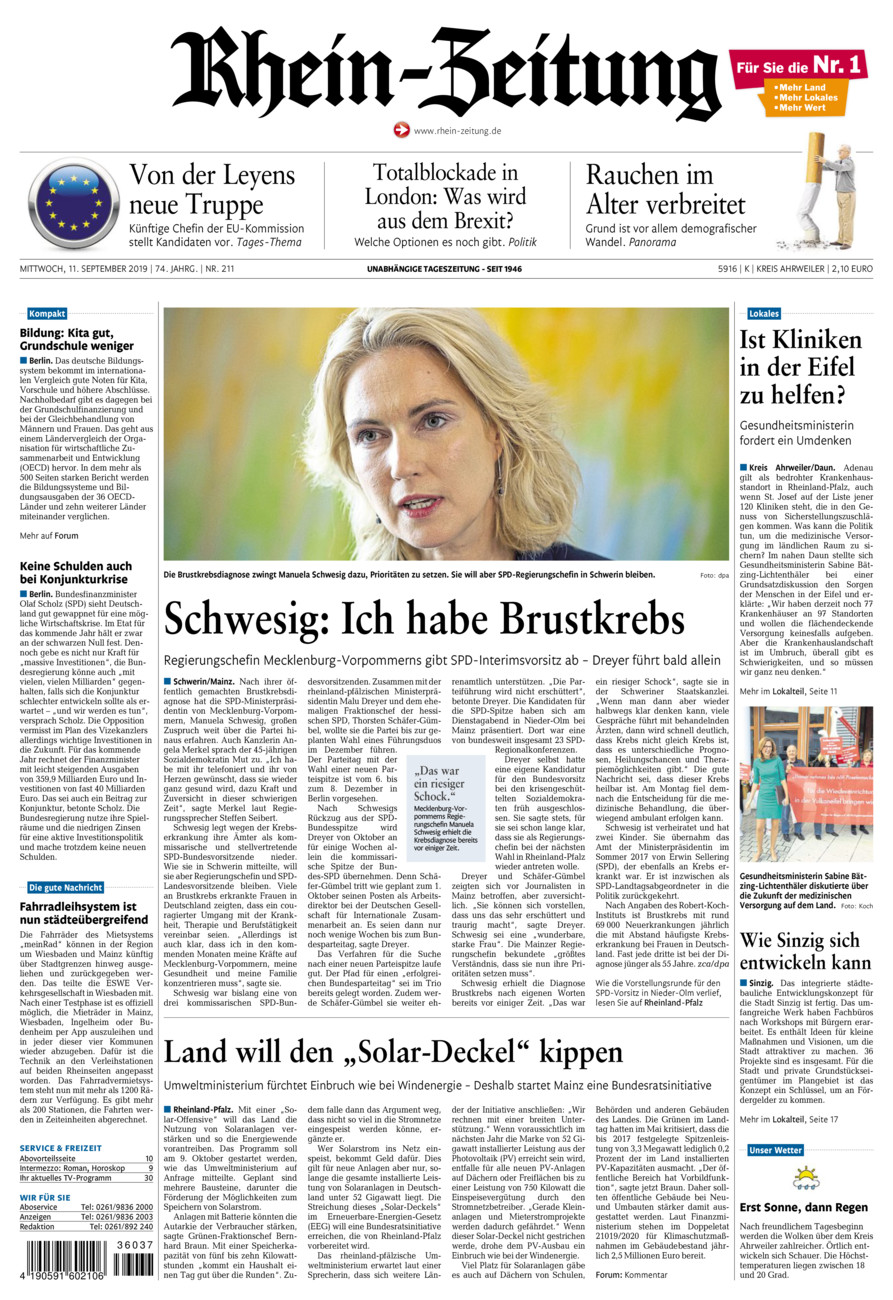 Rhein-Zeitung Kreis Ahrweiler vom Mittwoch, 11.09.2019