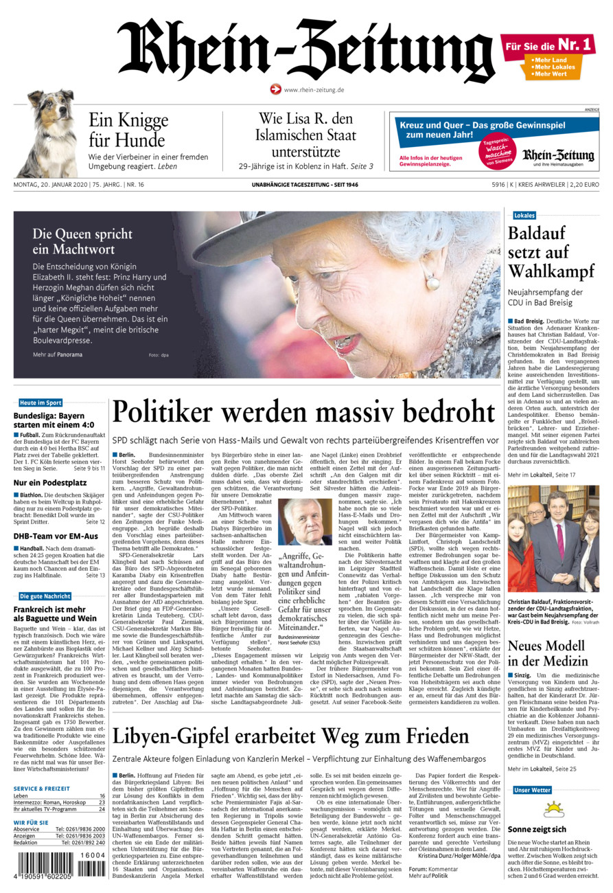 Rhein-Zeitung Kreis Ahrweiler vom Montag, 20.01.2020