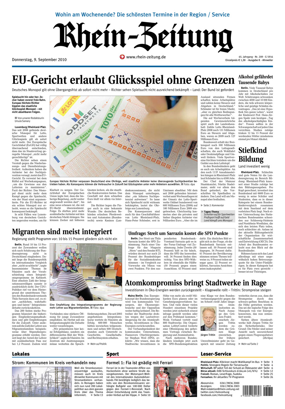 Rhein-Zeitung Kreis Ahrweiler vom Donnerstag, 09.09.2010
