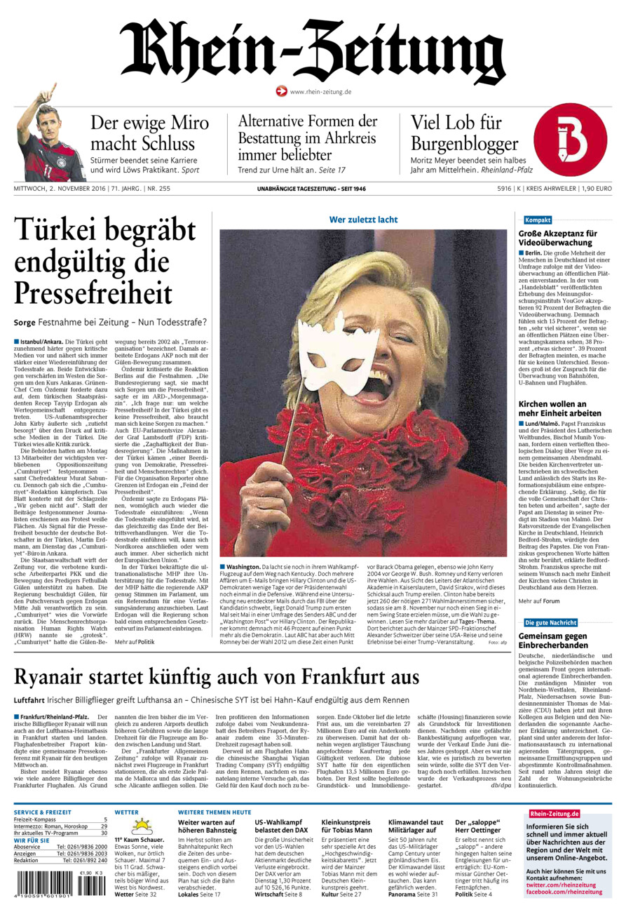 Rhein-Zeitung Kreis Ahrweiler vom Mittwoch, 02.11.2016