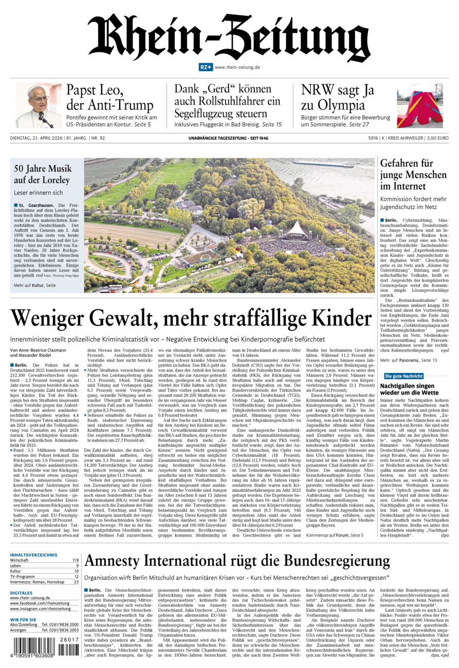 Rhein-Zeitung Kreis Ahrweiler vom Dienstag, 21.04.2026
