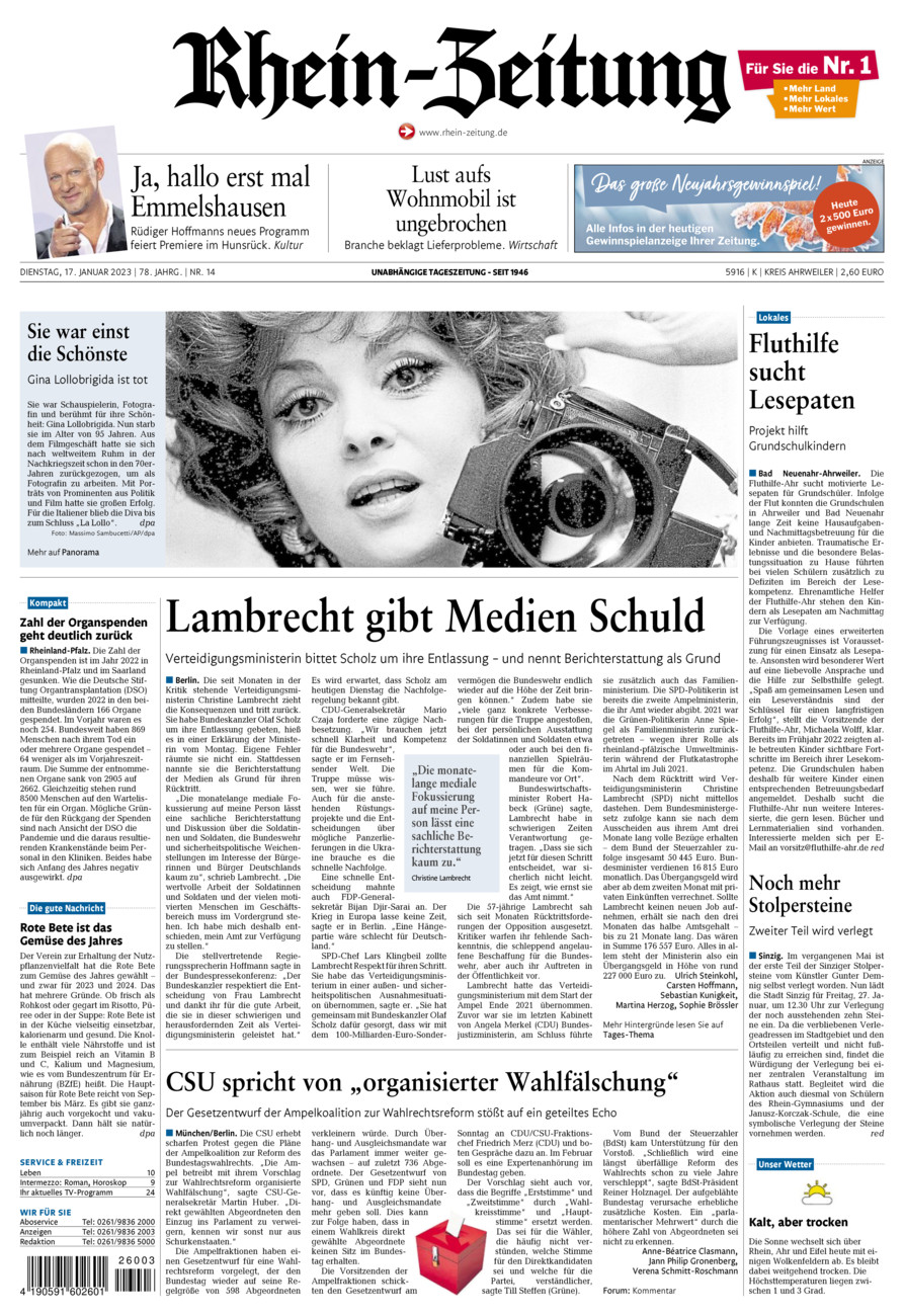Rhein-Zeitung Kreis Ahrweiler vom Dienstag, 17.01.2023
