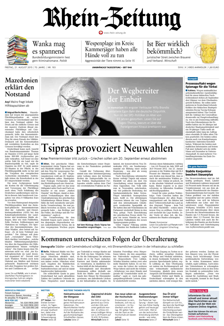 Rhein-Zeitung Kreis Ahrweiler vom Freitag, 21.08.2015