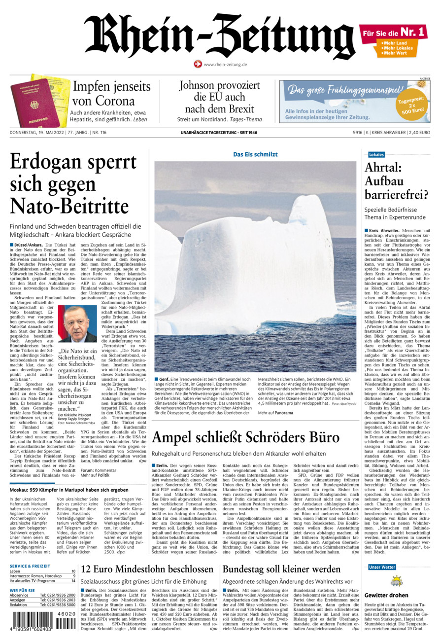 Rhein-Zeitung Kreis Ahrweiler vom Donnerstag, 19.05.2022