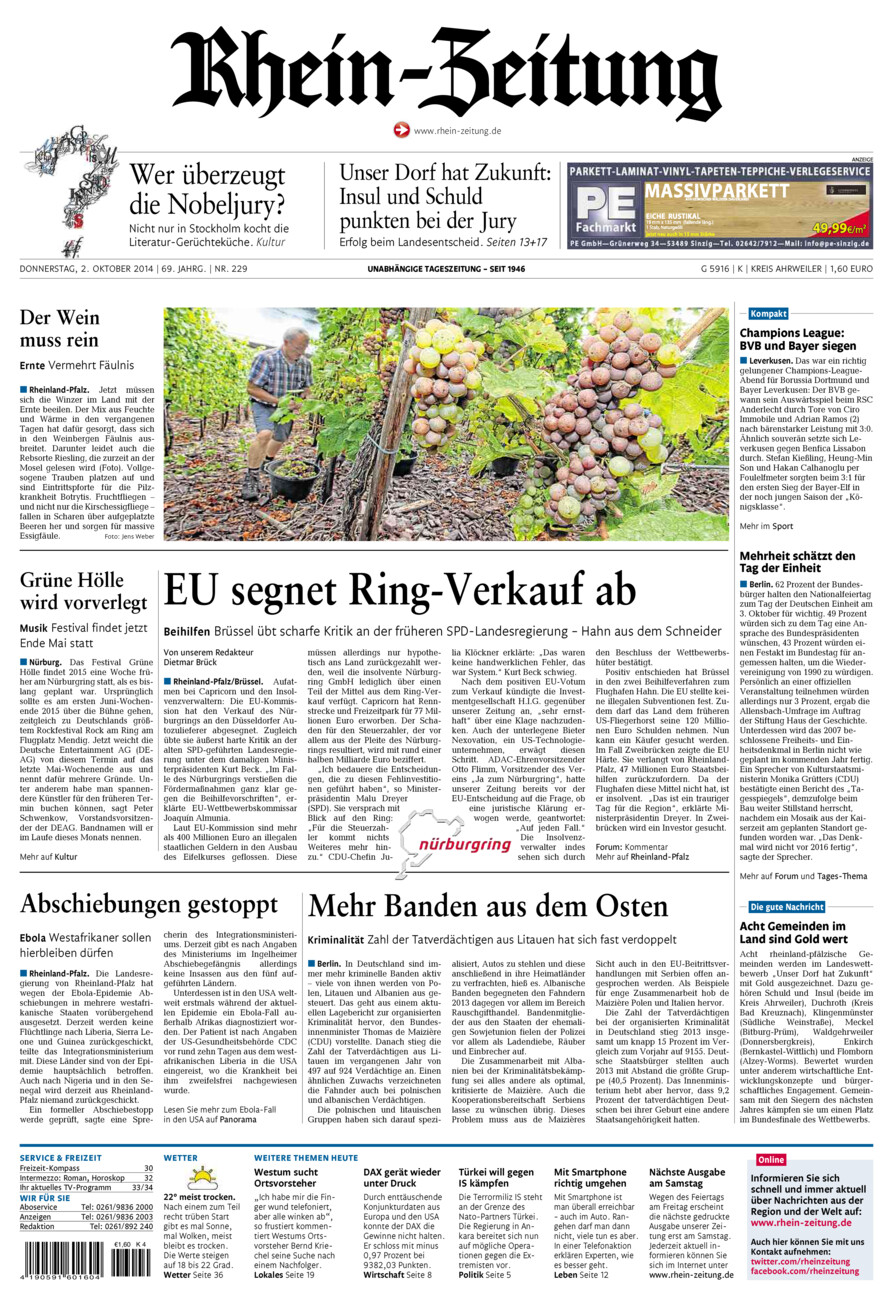 Rhein-Zeitung Kreis Ahrweiler vom Donnerstag, 02.10.2014