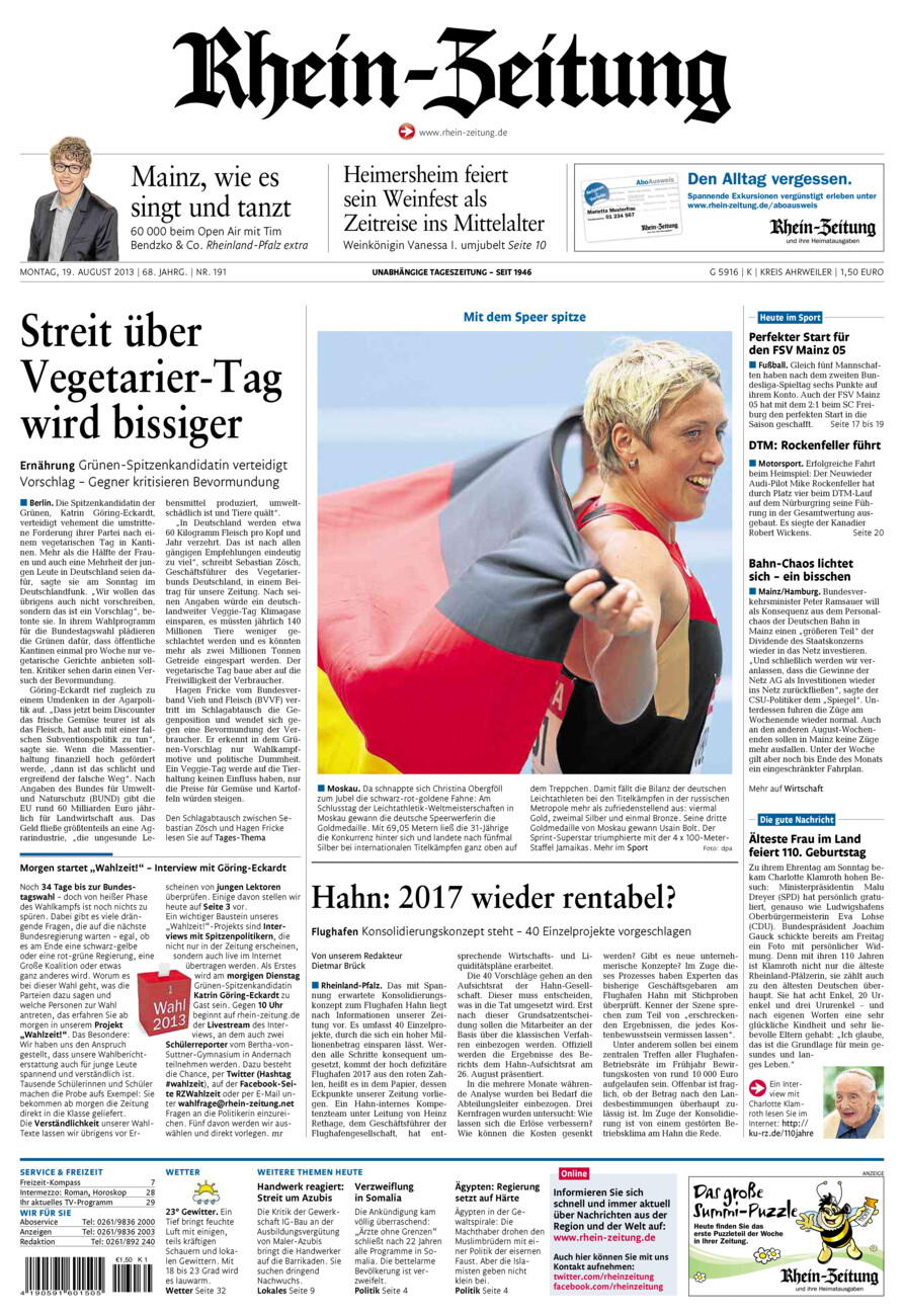 Rhein-Zeitung Kreis Ahrweiler vom Montag, 19.08.2013