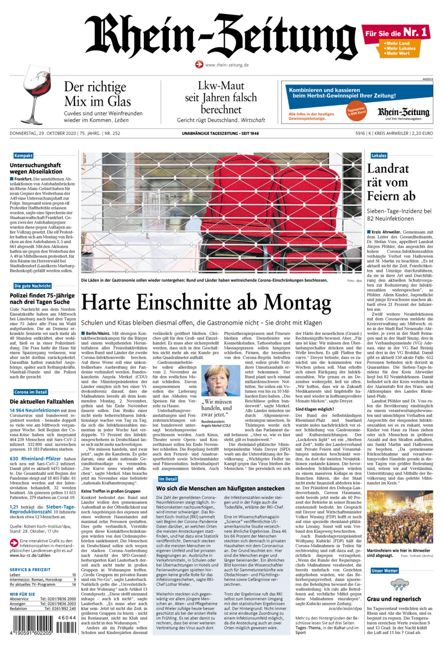 Rhein-Zeitung Kreis Ahrweiler vom Donnerstag, 29.10.2020