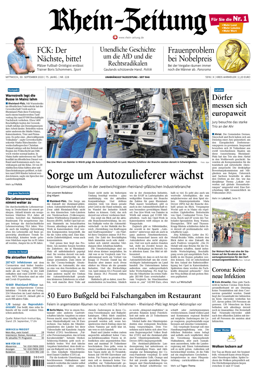 Rhein-Zeitung Kreis Ahrweiler vom Mittwoch, 30.09.2020