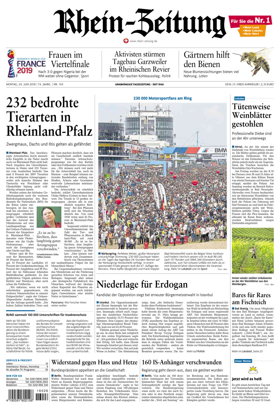 Rhein-Zeitung Kreis Ahrweiler vom Montag, 24.06.2019