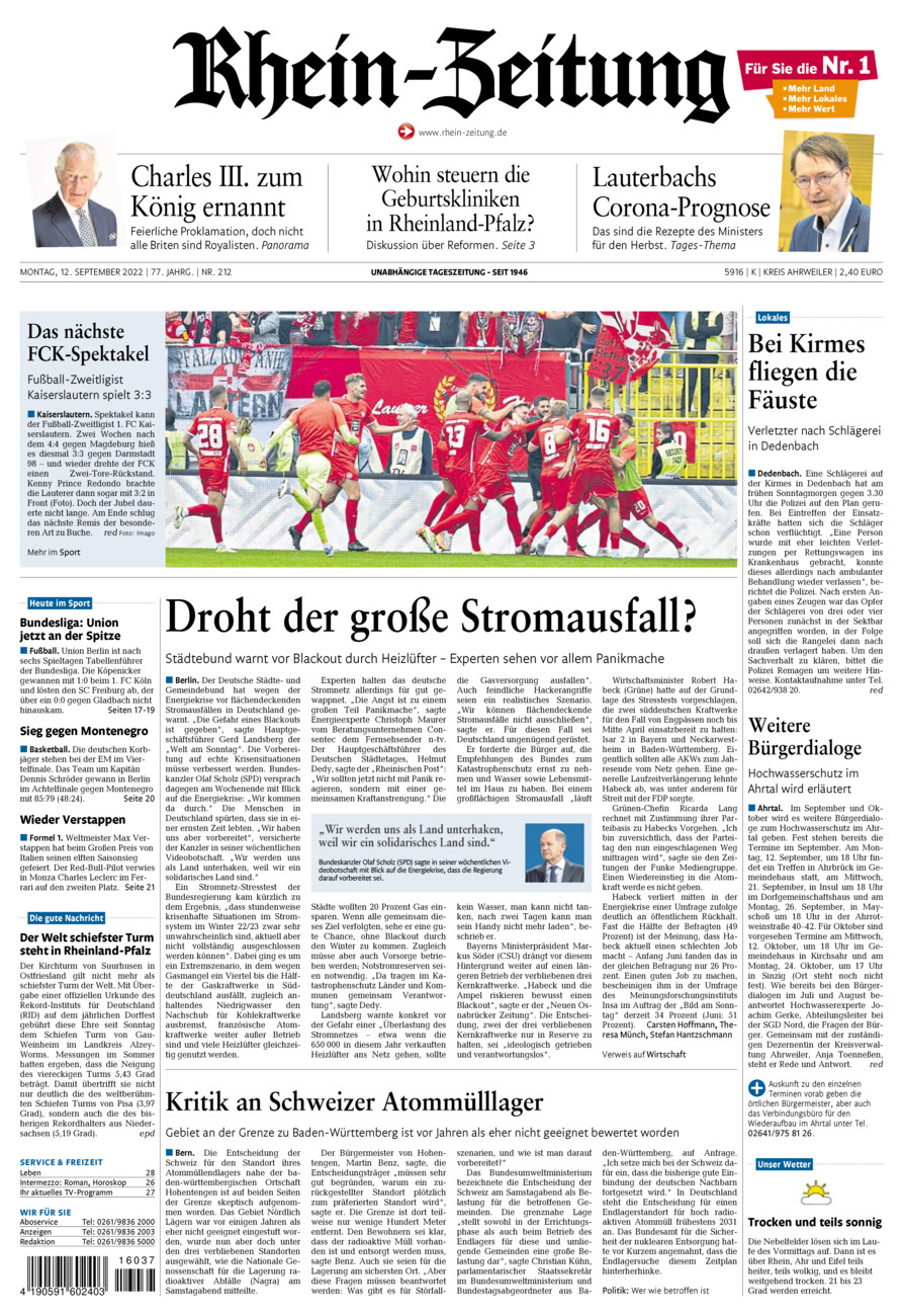 Rhein-Zeitung Kreis Ahrweiler vom Montag, 12.09.2022
