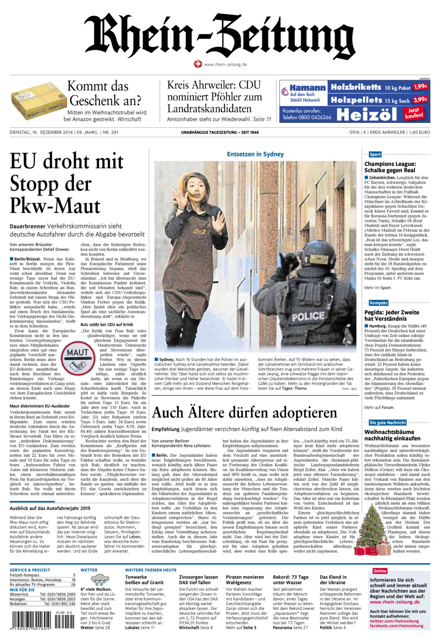 Rhein-Zeitung Kreis Ahrweiler vom Dienstag, 16.12.2014