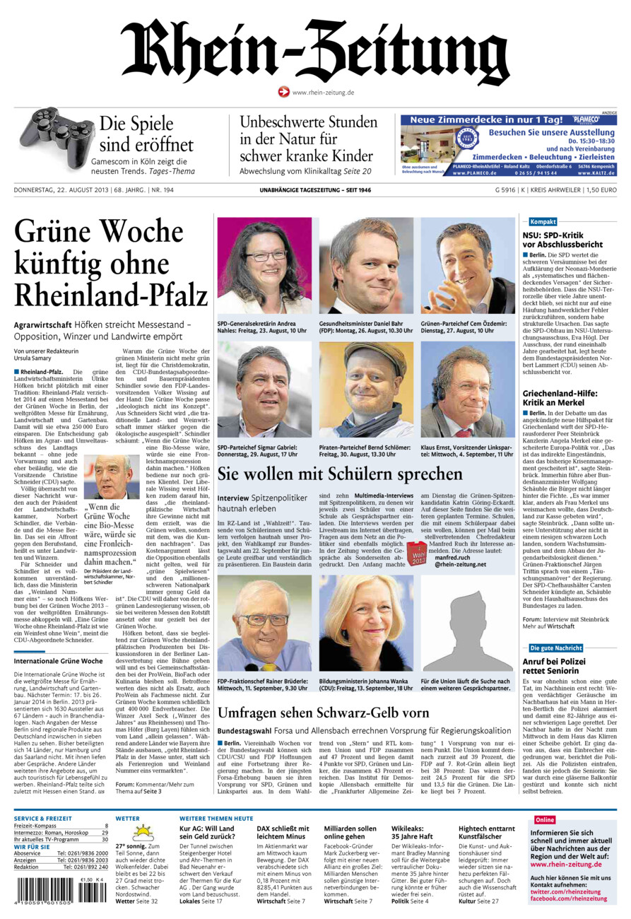 Rhein-Zeitung Kreis Ahrweiler vom Donnerstag, 22.08.2013