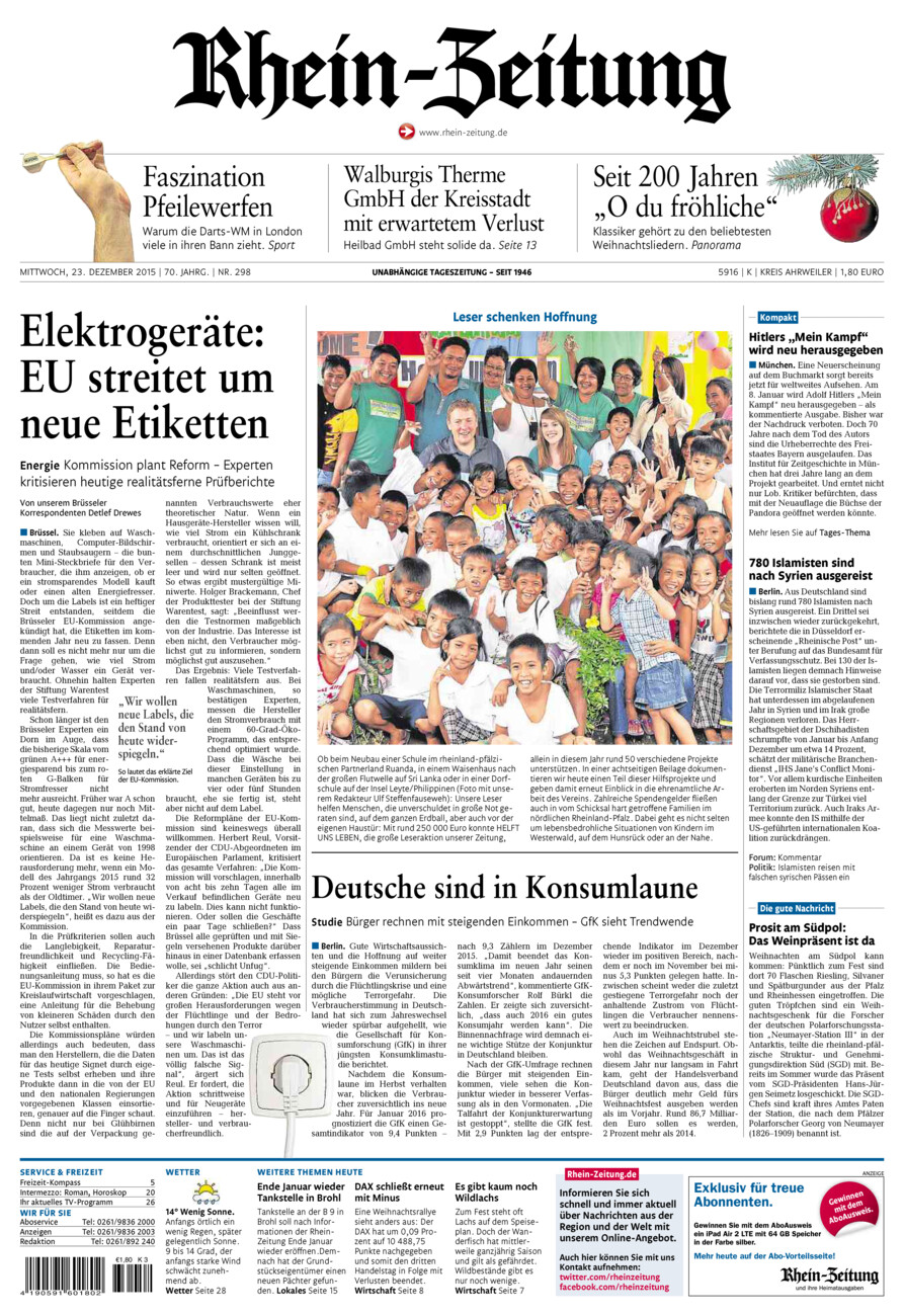 Rhein-Zeitung Kreis Ahrweiler vom Mittwoch, 23.12.2015