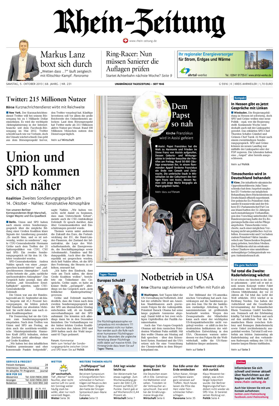 Rhein-Zeitung Kreis Ahrweiler vom Samstag, 05.10.2013