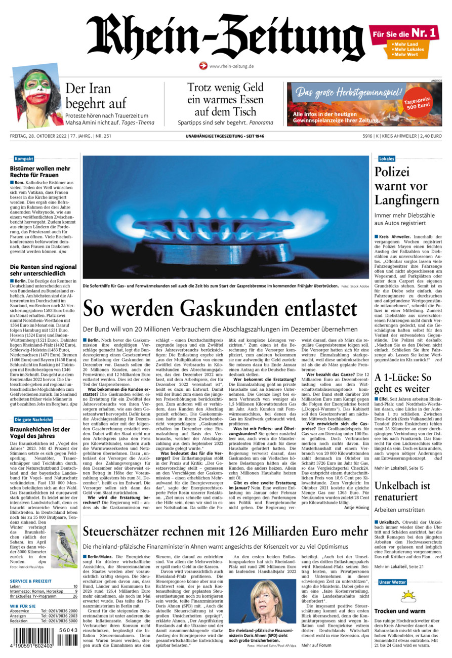 Rhein-Zeitung Kreis Ahrweiler vom Freitag, 28.10.2022