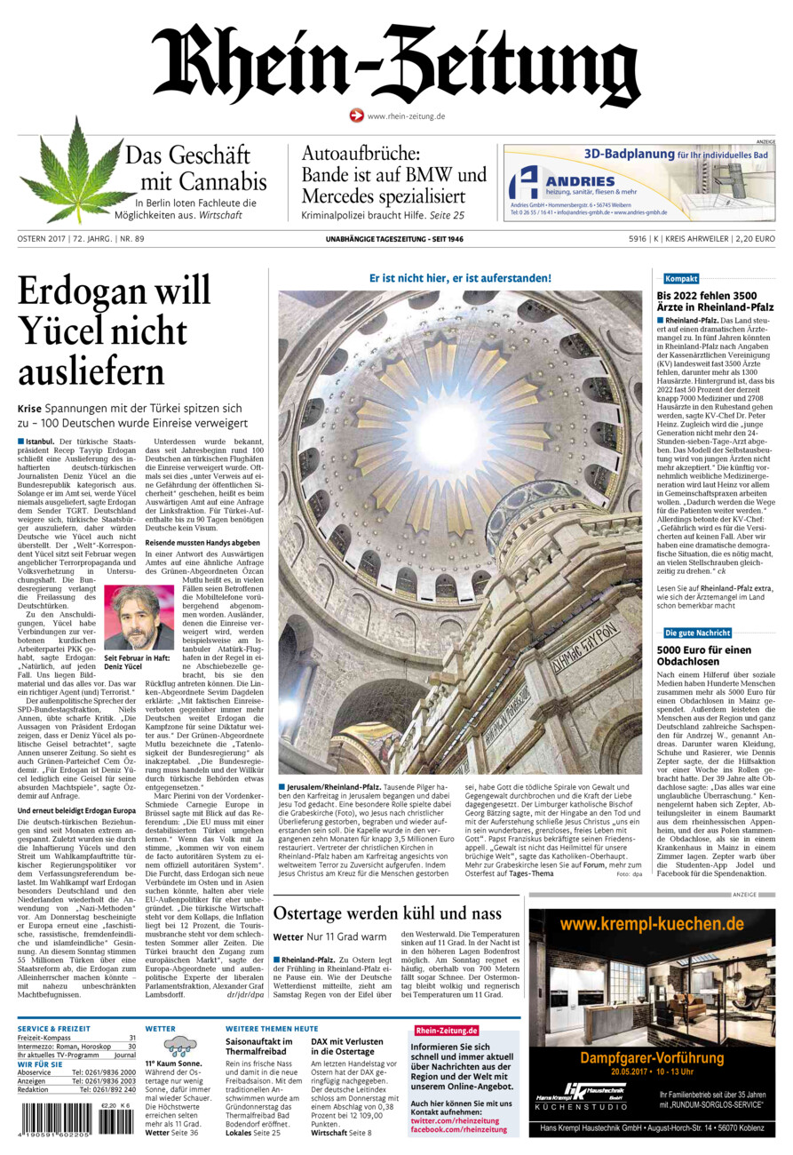 Rhein-Zeitung Kreis Ahrweiler vom Samstag, 15.04.2017