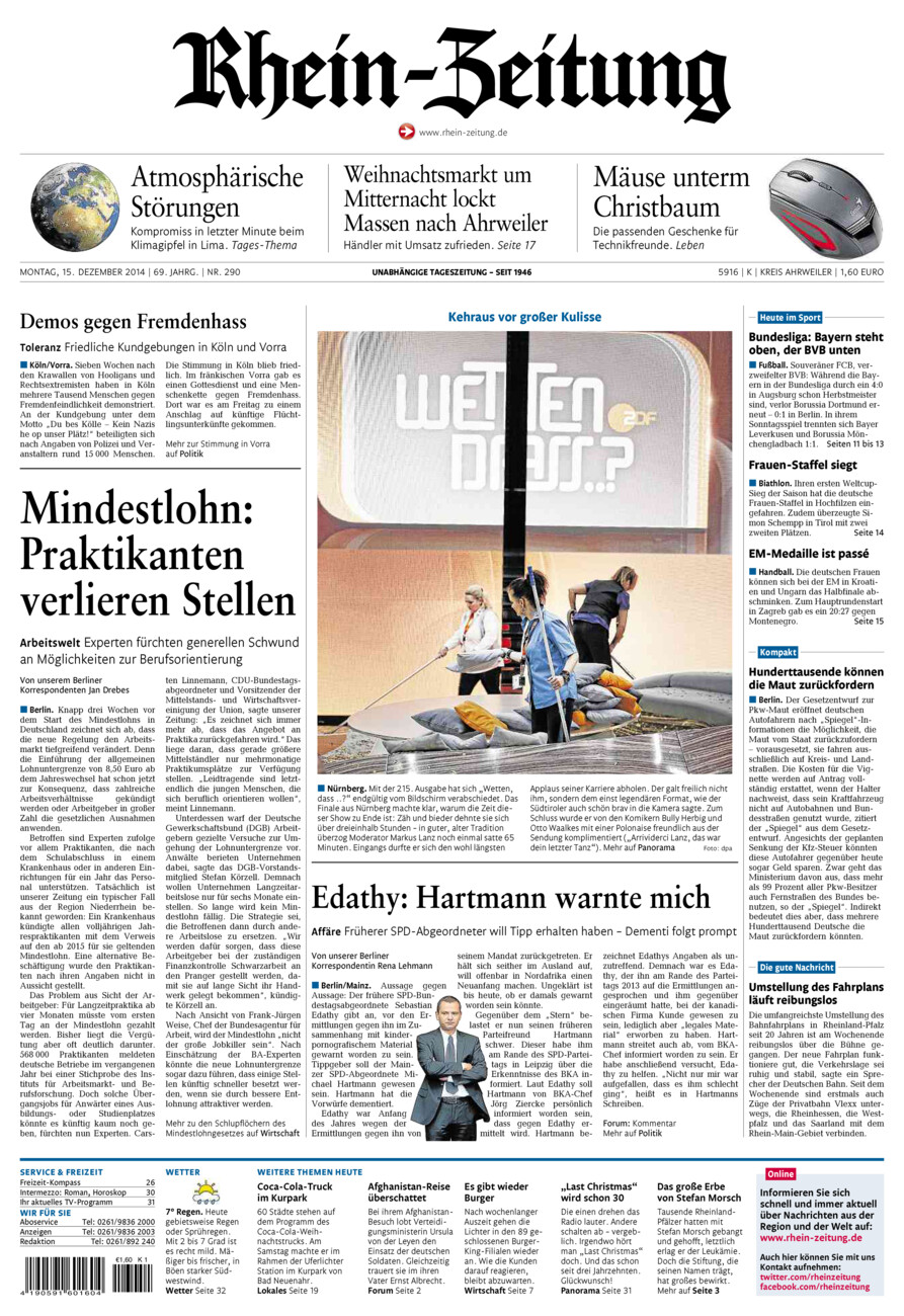 Rhein-Zeitung Kreis Ahrweiler vom Montag, 15.12.2014