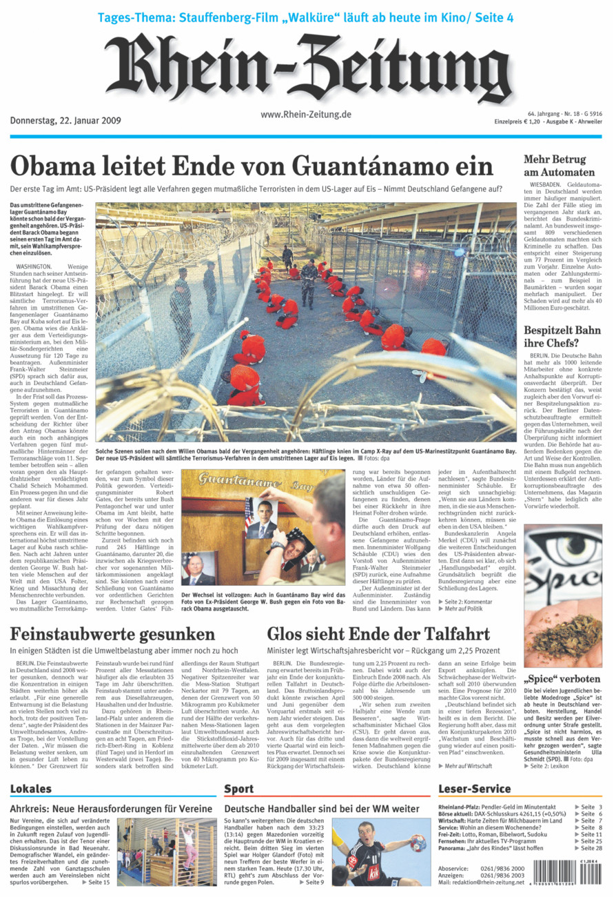Rhein-Zeitung Kreis Ahrweiler vom Donnerstag, 22.01.2009