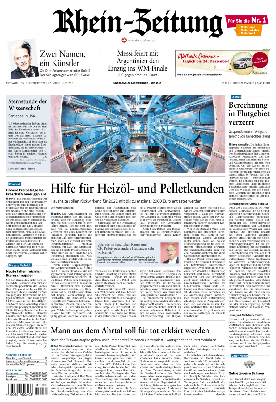 Rhein-Zeitung Kreis Ahrweiler vom Mittwoch, 14.12.2022