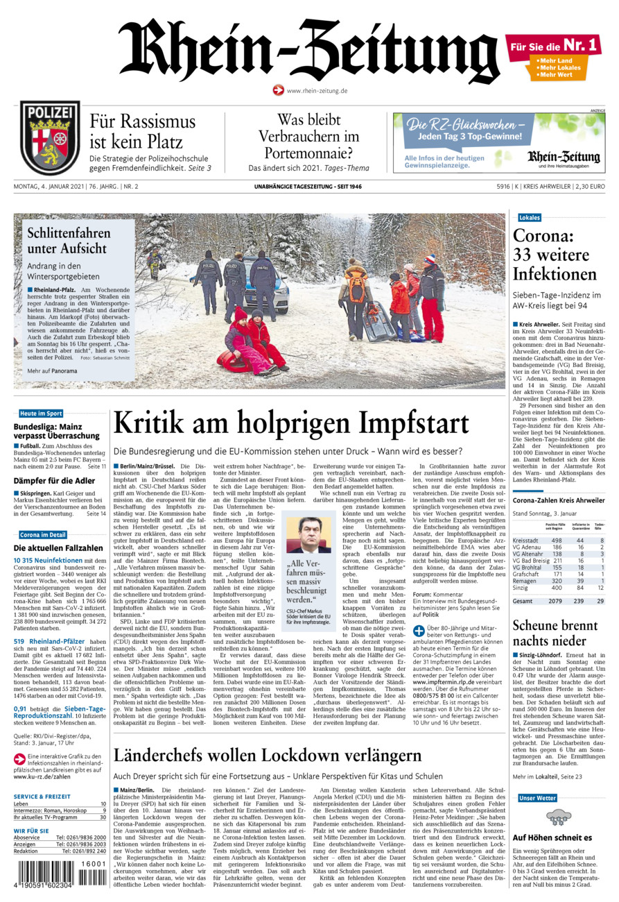 Rhein-Zeitung Kreis Ahrweiler vom Montag, 04.01.2021