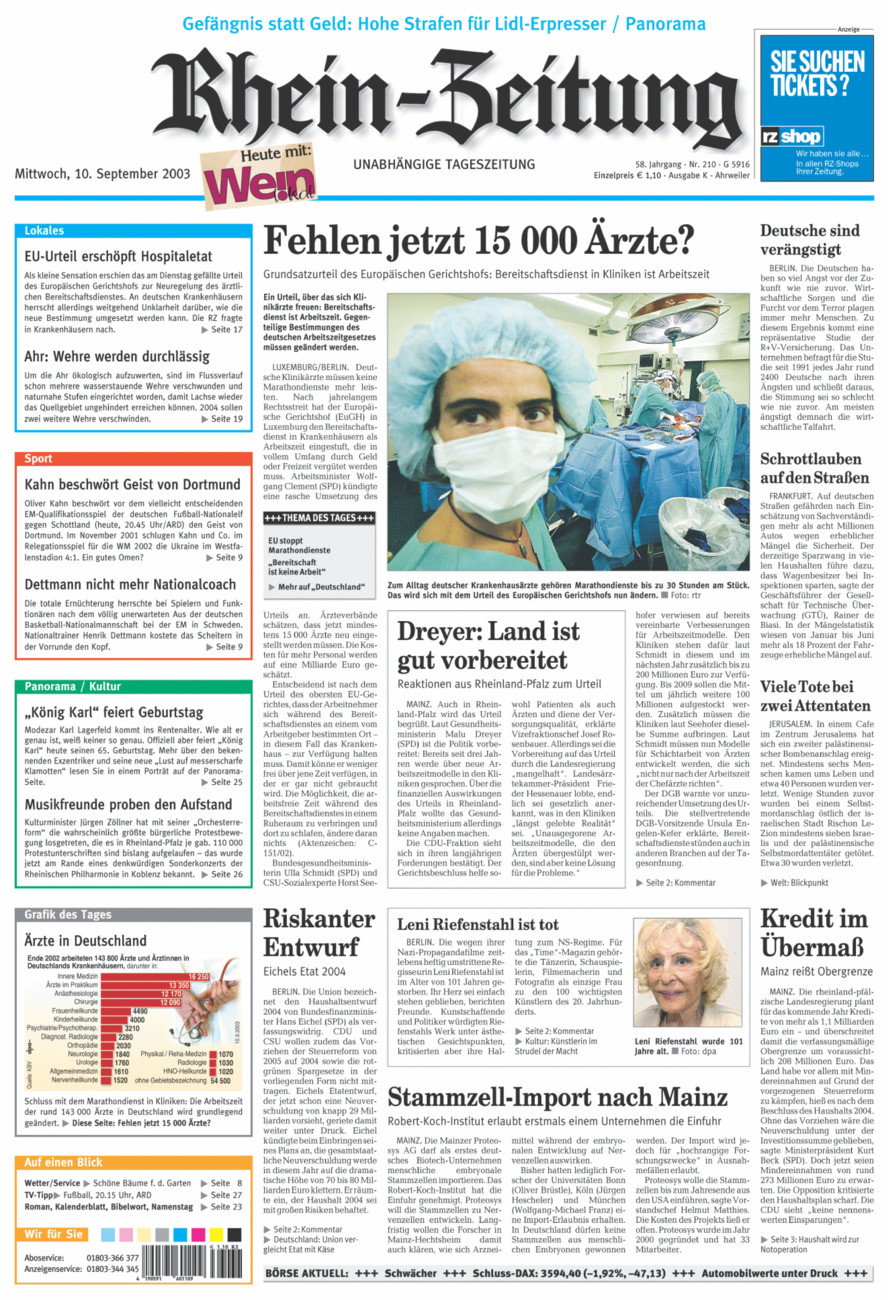 Rhein-Zeitung Kreis Ahrweiler vom Mittwoch, 10.09.2003