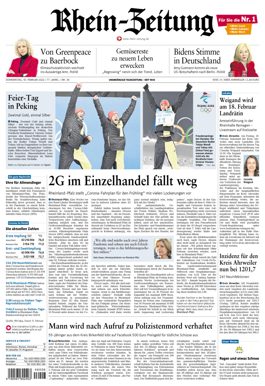 Rhein-Zeitung Kreis Ahrweiler vom Donnerstag, 10.02.2022