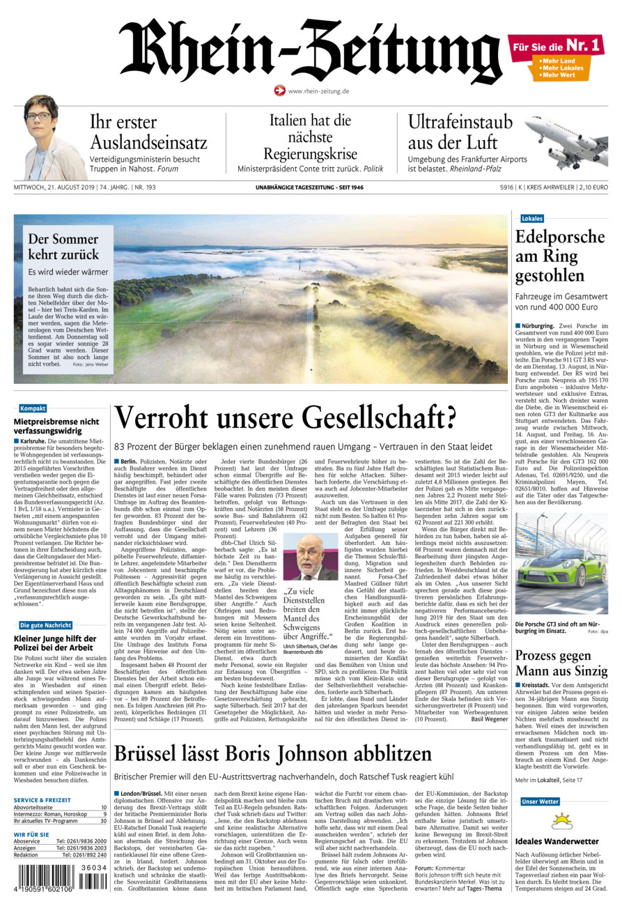 Rhein-Zeitung Kreis Ahrweiler vom Mittwoch, 21.08.2019