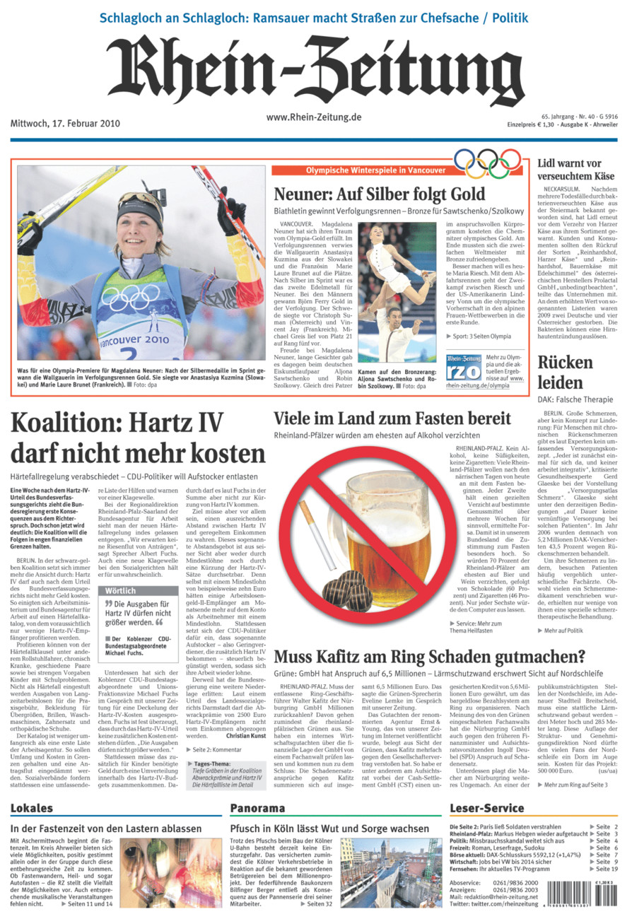Rhein-Zeitung Kreis Ahrweiler vom Mittwoch, 17.02.2010
